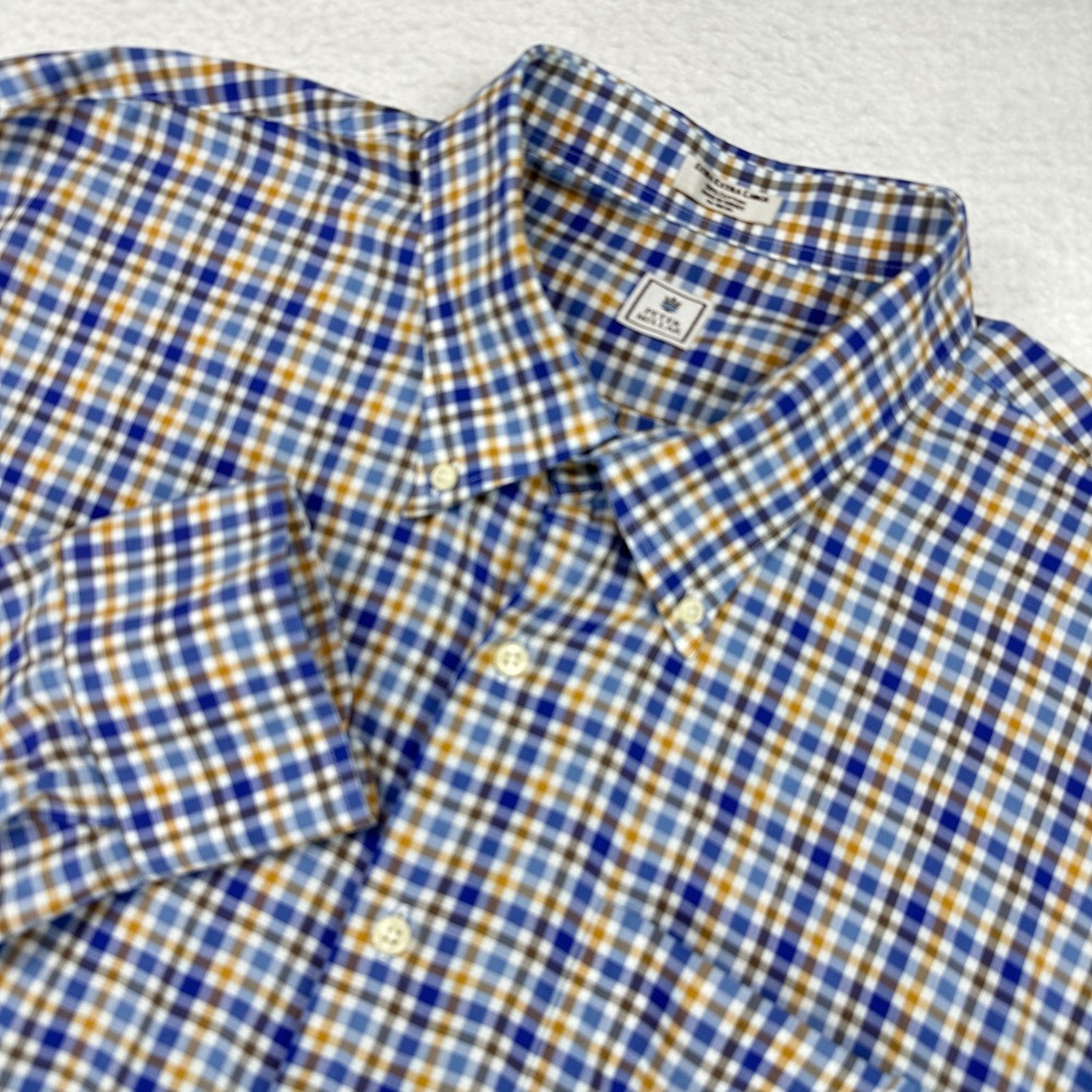 Peter Millar Button Down Shirt Mens XXL Blue Gold Plaid Check Cotton Long Sleeve